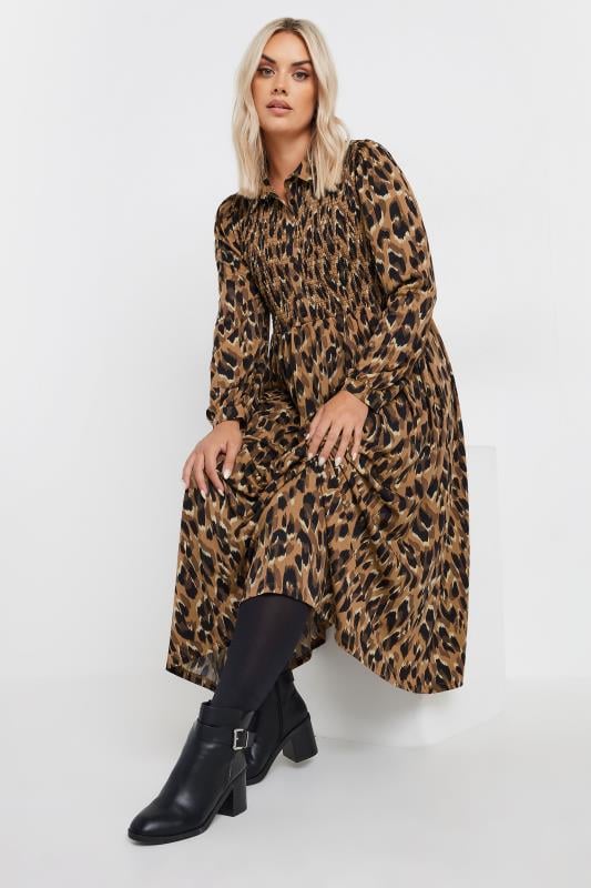 YOURS Plus Size Brown Leopard Print Shirred Midaxi Dress | Yours Clothing 2