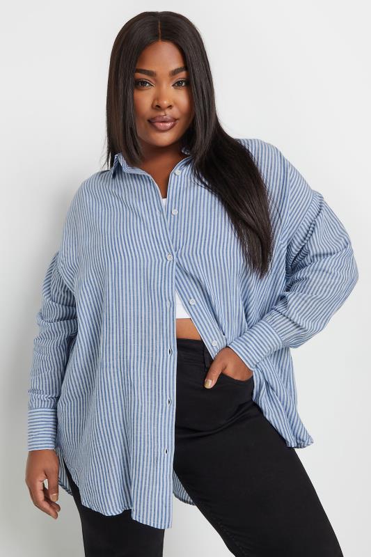 YOURS Plus Size Blue Pinstripe Linen Shirt | Yours Clothing  2