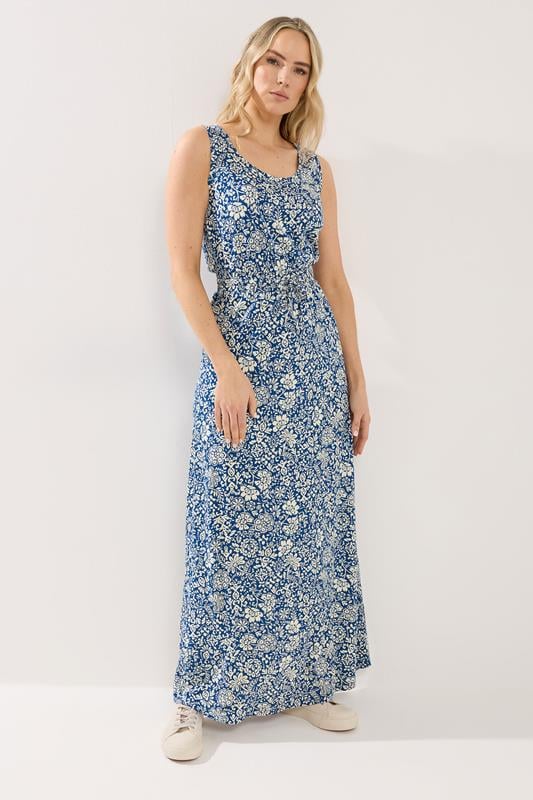  LTS Tall Dark Blue Floral Tie Waist Cotton Maxi Dress