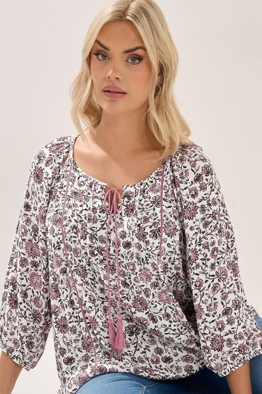 YOURS Plus Size Pink Paisley Print Sequin Tie Neck Top | Yours Clothing 2