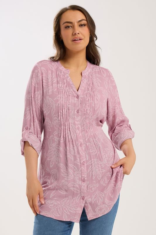 YOURS Plus Size Pink Leaf Print Pintuck Blouse | Yours Clothing 1