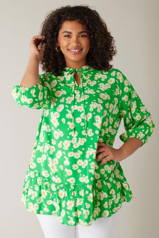 EVANS Plus Size Green Floral Tie Neck Blouse | Evans  1