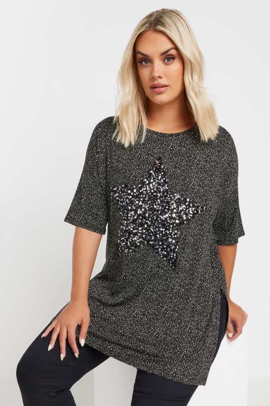 YOURS Plus Size Black Star Sequin Embellished T-Shirt | Yours Clothing  1