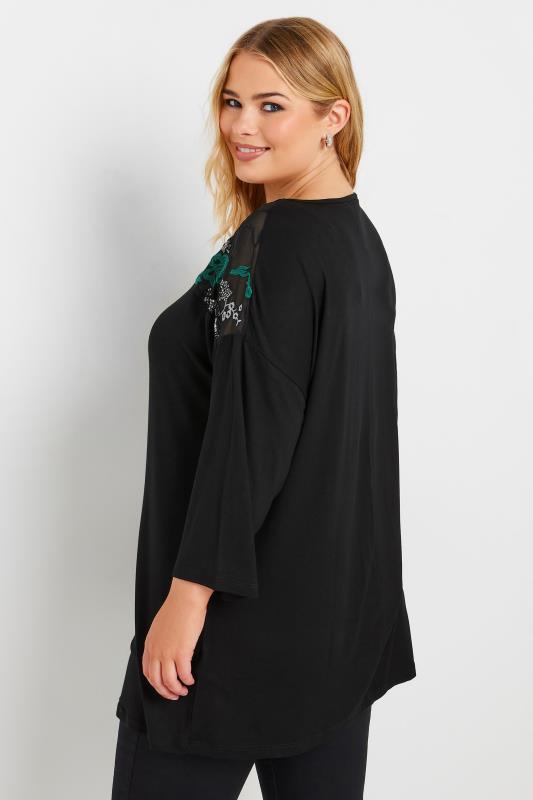 YOURS Plus Size Black & Green Mesh Embellished Swing Top | Yours Clothing  4