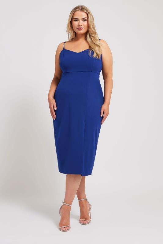 YOURS LONDON Plus Size Cobalt Blue Diamante Strap Midi Dress | Yours Clothing 1