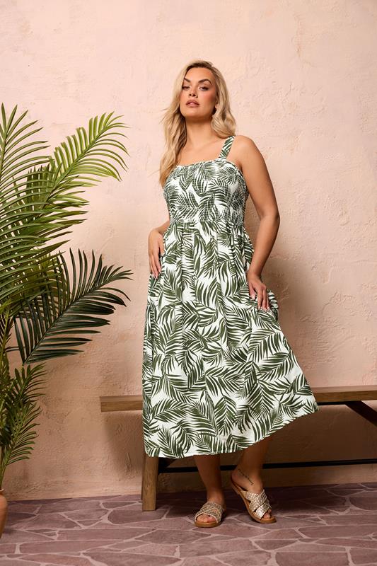 YOURS Curve Green Palm Leaf Shirred Linen Maxi Dress