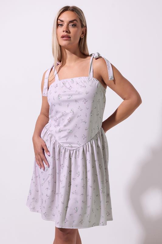 LIMITED COLLECTION Plus Size Purple Floral Square Neck Mini Dress | Yours Clothing 1