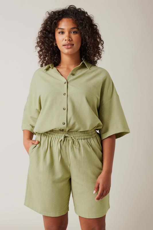 Plus Size  EVANS Curve Khaki Green Linen Shorts