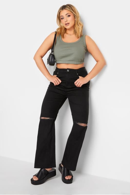 Plus Size Black Ripped Wide Leg Stretch Jeans | Yours Clothing  2