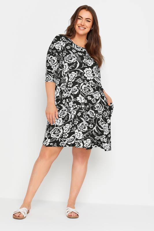 YOURS Plus Size Black & White Floral Print Pocket Dress | Yours Clothing 2