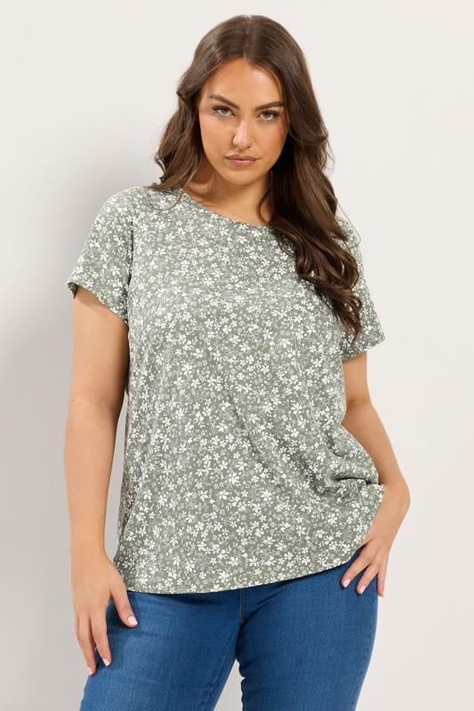 YOURS Plus Size Sage Green Ditsy Floral Basic T-Shirt | Yours Clothing 1