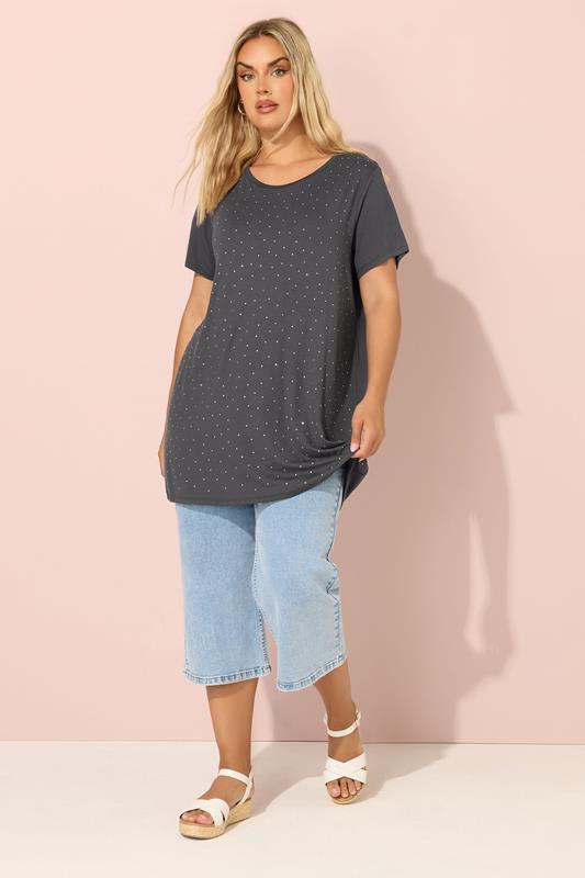 YOURS Plus Size Grey Stud Embellished T-Shirt | Yours Clothing 2