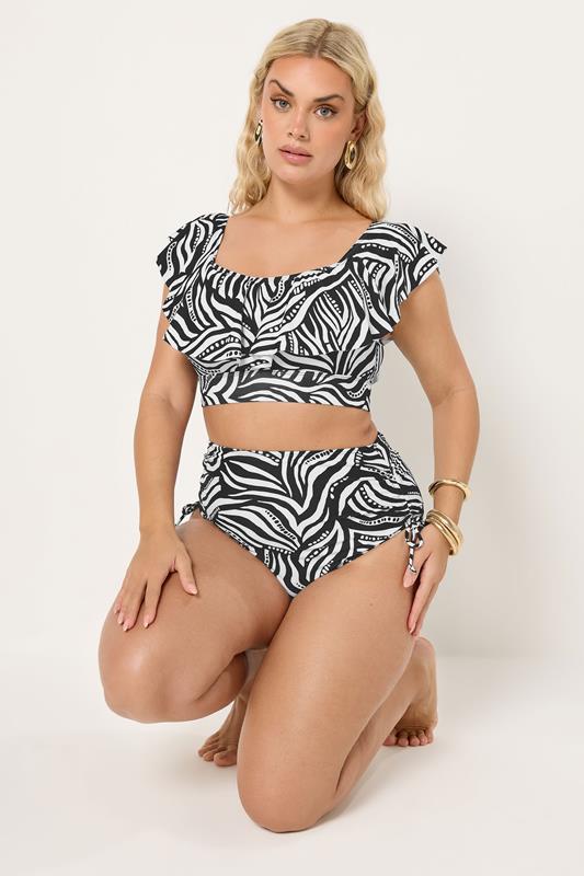 YOURS Plus Size Black Abstract Frill Bardot Bikini Top | Yours Clothing 4
