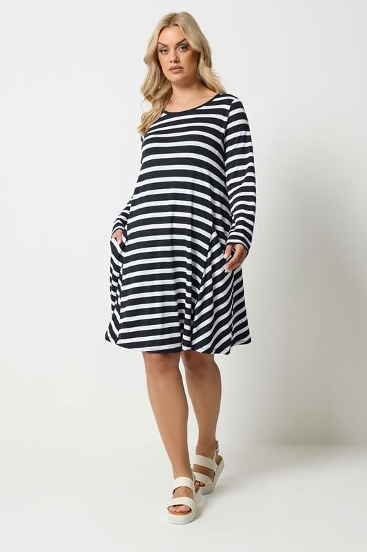 YOURS Plus Size Black Stripe Drape Pocket Dress | Yours Clothing 1