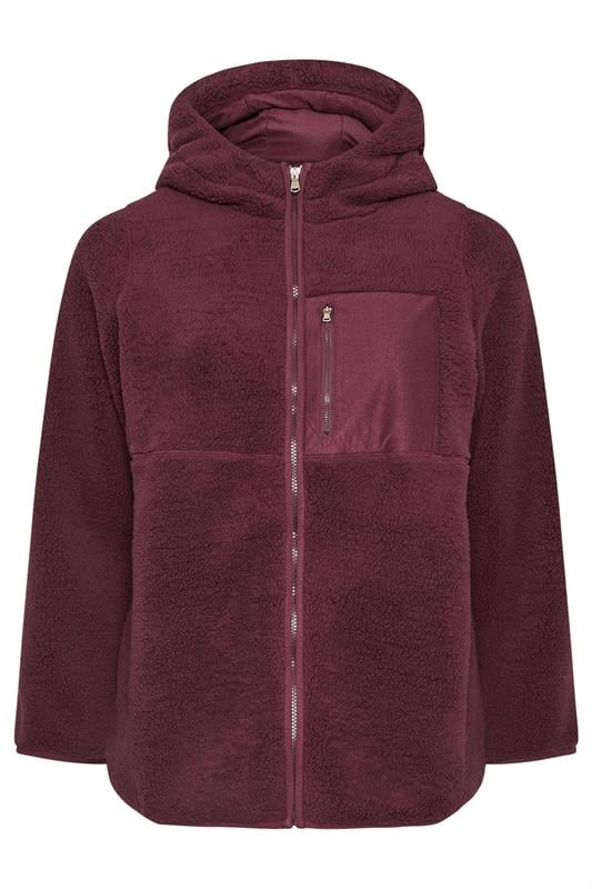 YOURS Plus Size Burgundy Red Hooded Pocket Fleece Jacket | Yours Clothing 6
