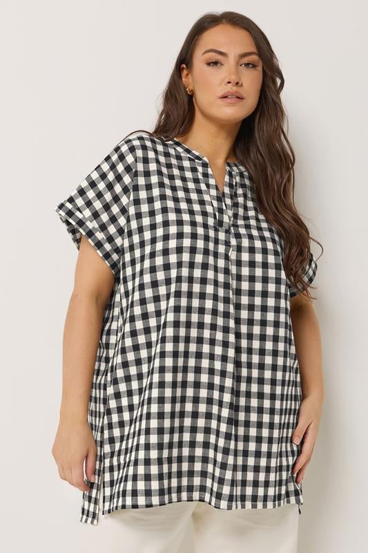  YOURS Curve Natural Brown Check Overhead Half Placket Shirt