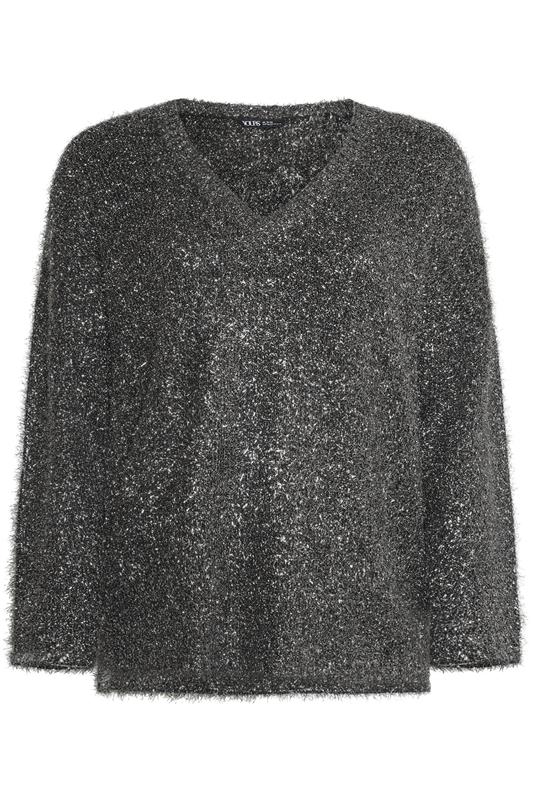 YOURS Plus Size Black Tinsel V-Neck Jumper | Yours Clothing 5