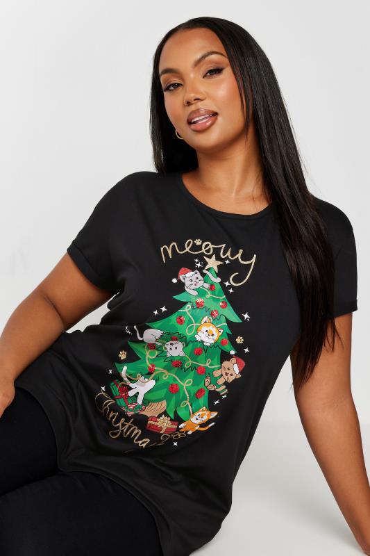 YOURS Plus Size Black 'Meowy Christmas' Slogan T-Shirt | Yours Clothing  2