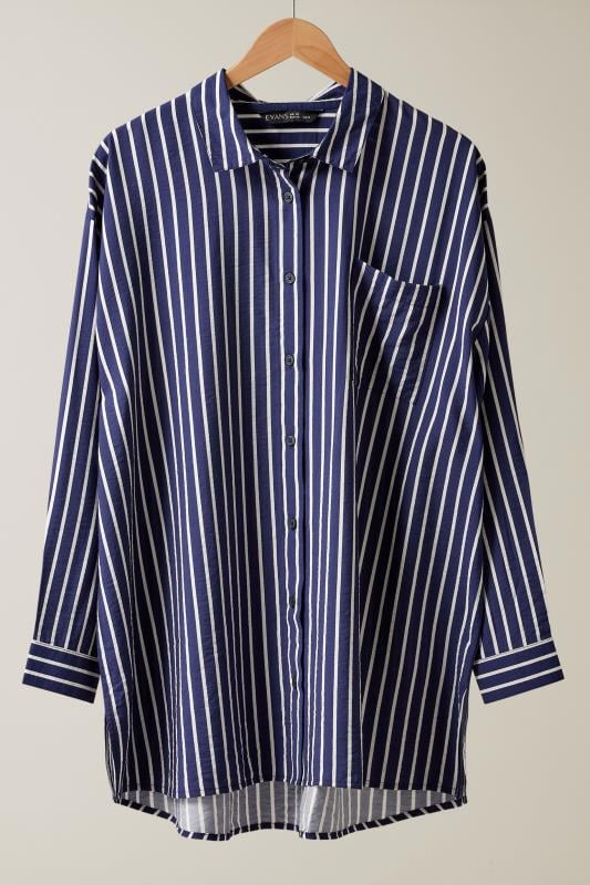 EVANS Curve Blue & White Stripe Girlfriend Shirt | Evans 7