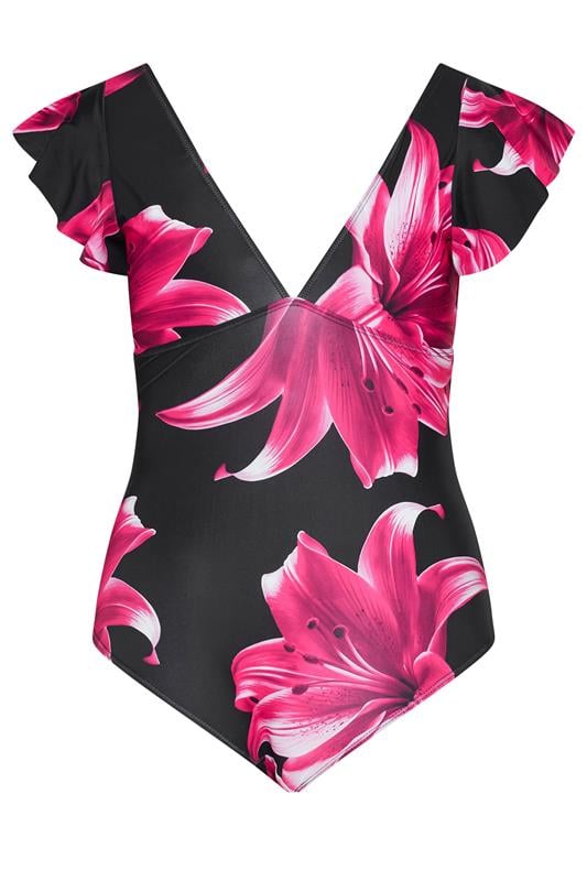 YOURS Plus Size Black Floral Frill Sleeve Swimsuit | Yours Clothing 6