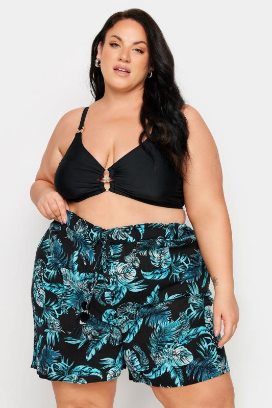YOURS Plus Size Black Tropical Print Crinkle Tassel Shorts | Yours Clothing 1