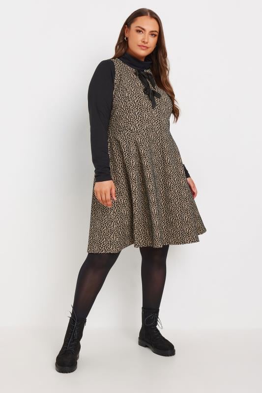 YOURS Plus Size Brown Leopard Print Bow Tie Pinafore Dress | Yours Clothing 2