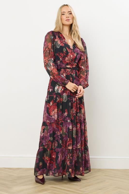 LTS Tall Black Rose Jacquard Metallic Maxi Dress | Long Tall Sally 1