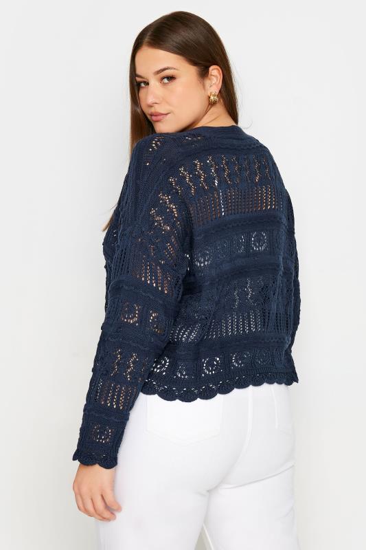 YOURS Plus Size Navy Blue Pure Cotton Cropped Pointelle Cardigan | Yours Clothing 3