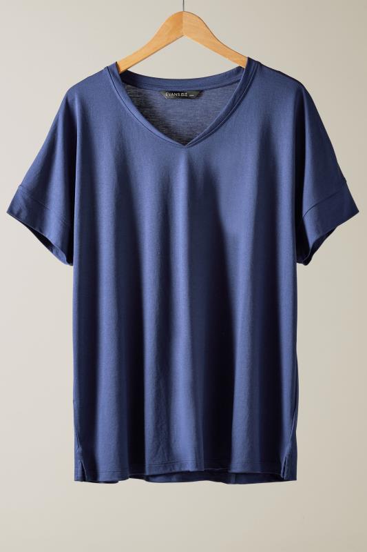 EVANS Plus Size Navy Blue V-Neck Modal Rich T-Shirt | Evans 5