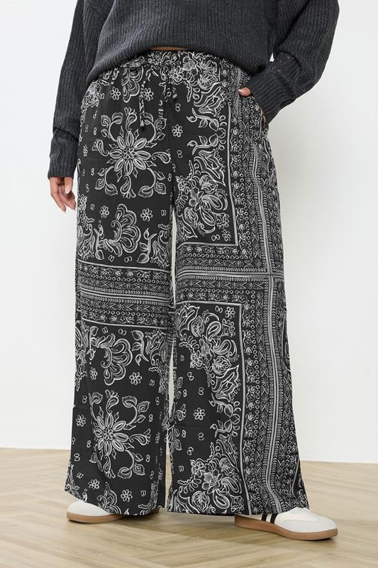  YOURS Curve Black Paisley Wide Leg Trousers