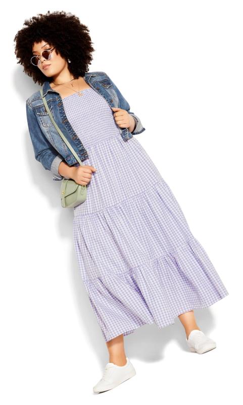 Evans Lilac Purple Gingham Shirred Maxi Dress 1