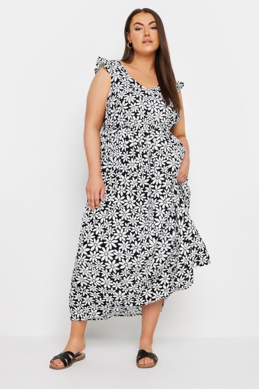 Plus Size  YOURS Curve Black Floral Print Frill Sleeve Maxi Dress