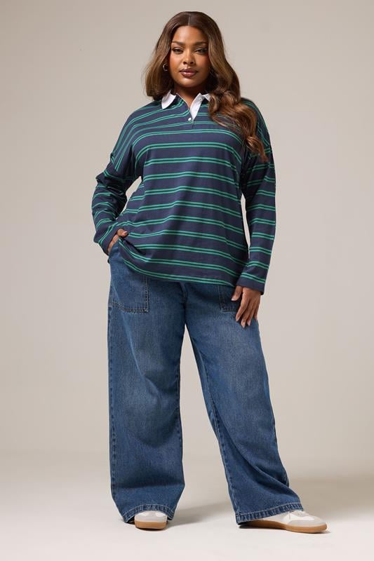 Plus Size  YOURS Curve Navy Blue Stripe Rugby Collar Top