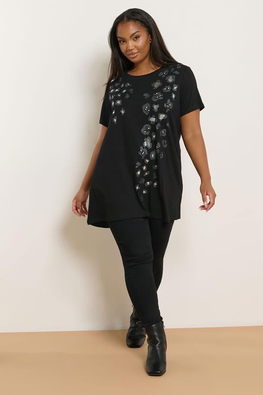 YOURS Plus Size Black Leopard Embellished T-Shirt | Yours Clothing 1