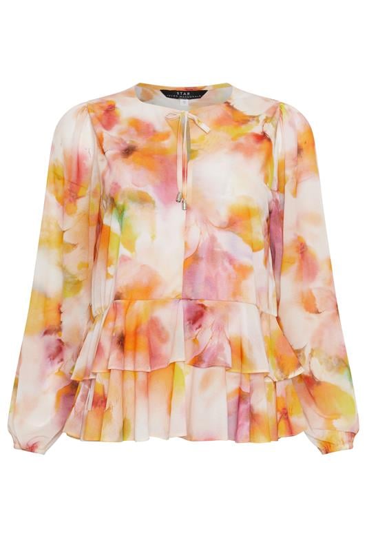STAR Orange Abstract Frill Hem Blouse