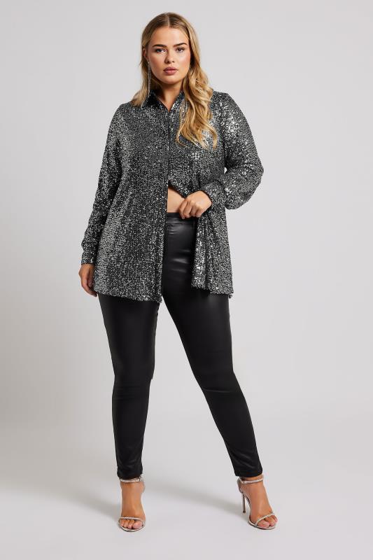 YOURS LONDON Plus Size Silver Sequin Shirt | Yours Clothing 2