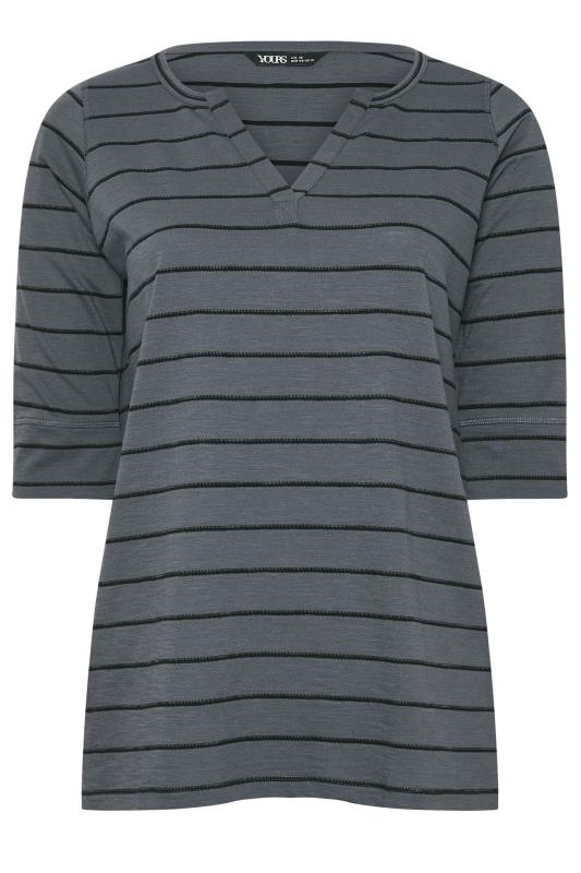 YOURS Plus Size Grey Stripe Notch Neck T-Shirt | Yours Clothing 5