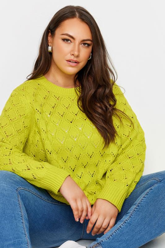 YOURS Plus Size Chartreuse Green Pointelle Jumper | Yours Clothing  1