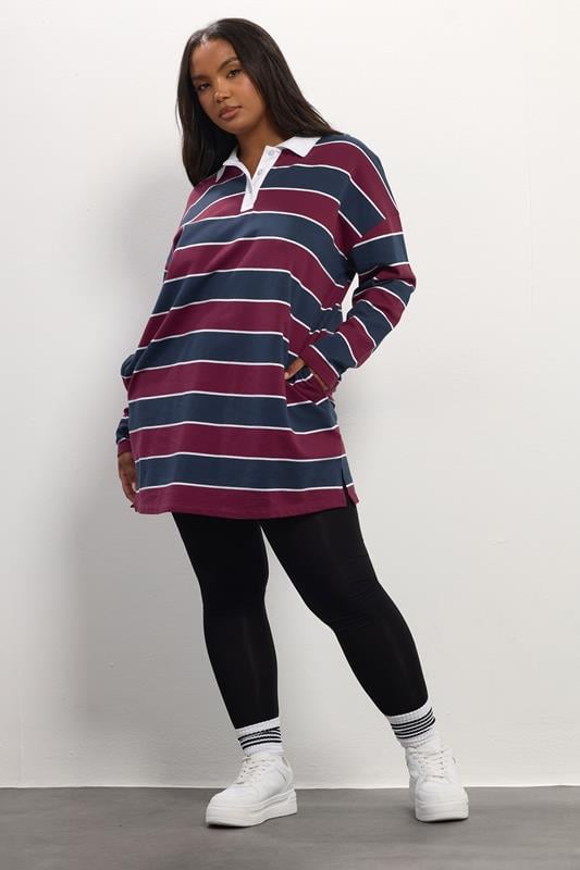 Plus Size  YOURS Curve Burgundy Red Stripe Rugby Collar Sweatshirt