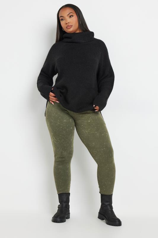 YOURS Plus Size Khaki Green Acid Wash Ribbed Leggings | Yours Clothing 2