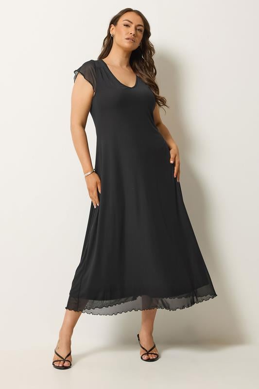 YOURS Curve Black Mesh Cap Sleeve Maxi Dress