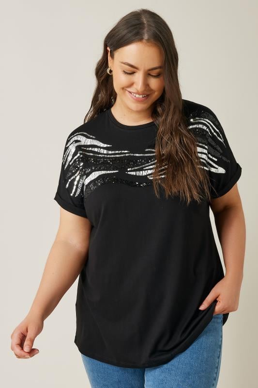EVANS Plus Size Black Zebra Print Sequin Embellished T-Shirt | Evans  1