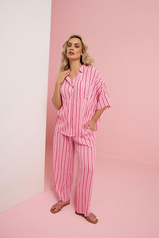  YOURS Curve Pink Stripe Crinkle Wide Leg Trousers