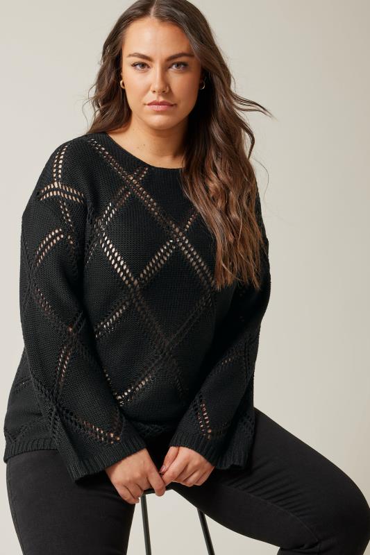 Plus Size  EVANS Curve Black Diamond Pointelle Jumper