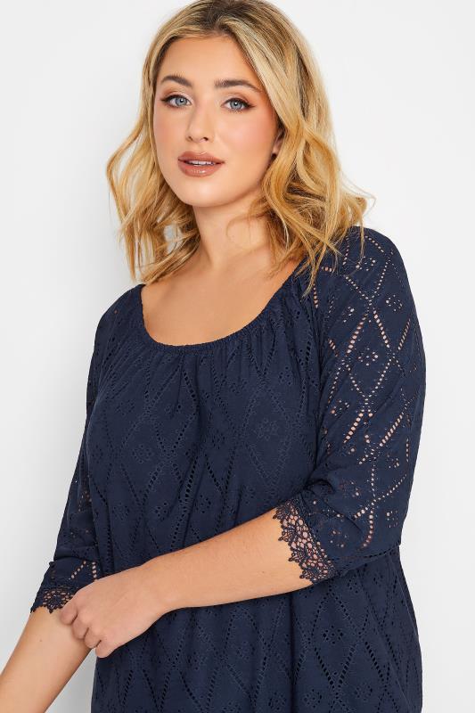YOURS Plus Size Navy Blue Pointelle Lace Trim Top | Yours Clothing 4