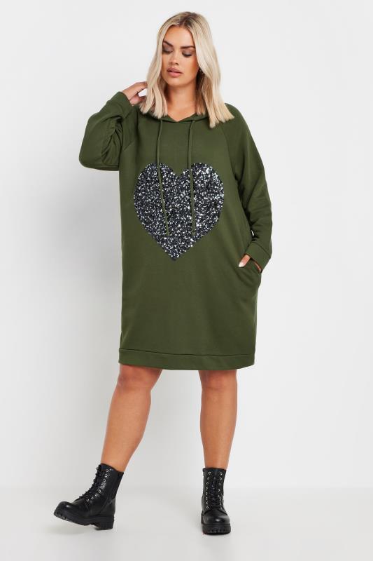 YOURS Plus Size Khaki Green Sequin Embellished Heart Hoodie Dress | Yours Clothing  4