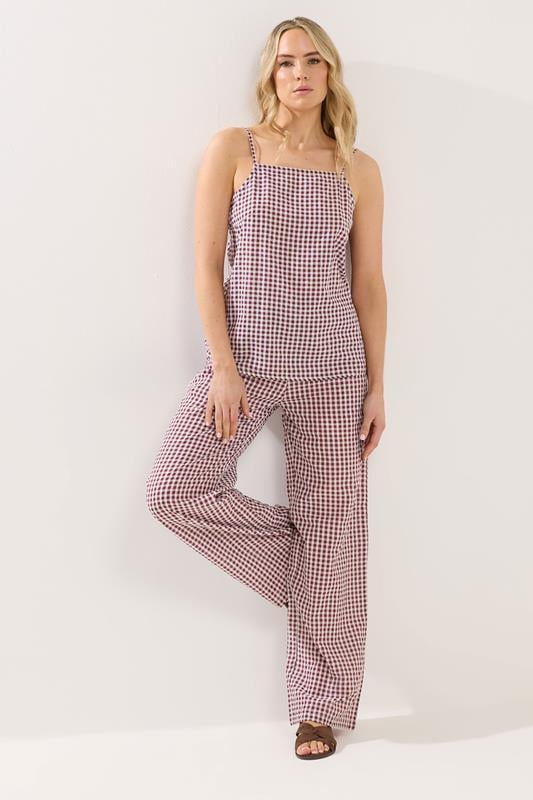  LTS Tall Burgundy Red Gingham Cotton Wide Leg Trousers