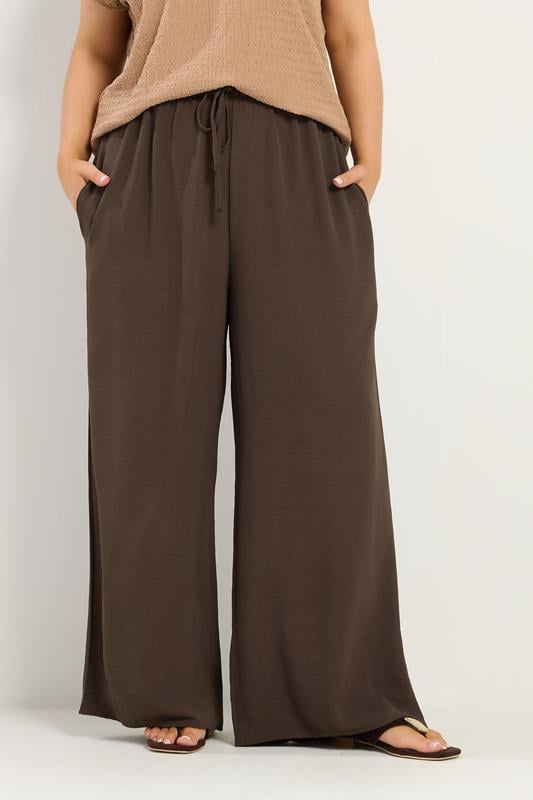 YOURS Plus Size Chocolate Brown Twill Wide Leg Trousers | Yours Clothing 1