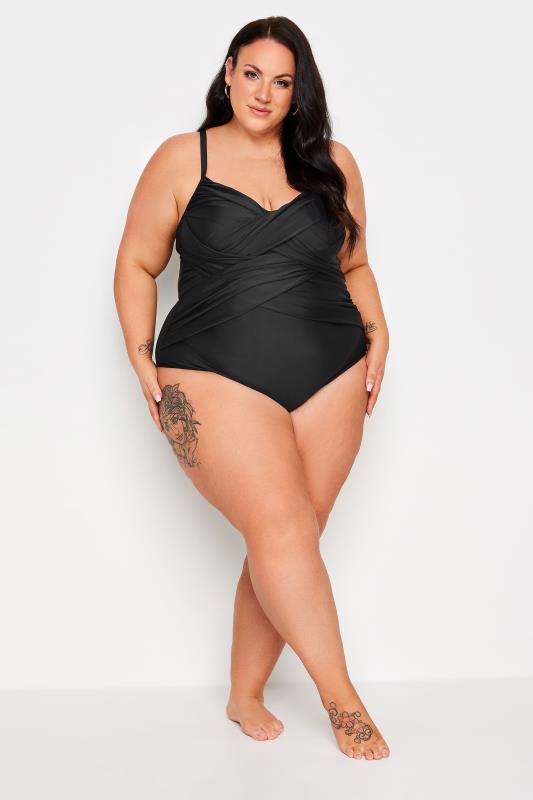 YOURS Plus Size Black Double Crossover Super Sculpt Swimsuit | Yours Clothing 2