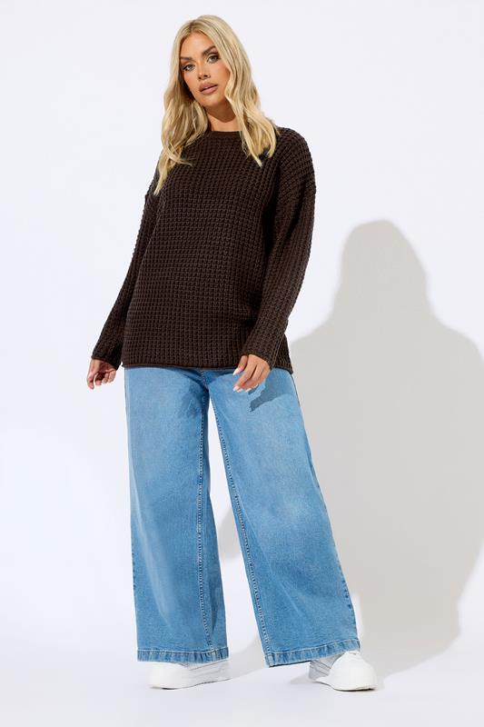 YOURS Plus Size Chocolate Brown Waffle Knit Jumper | Yours Clothing 4